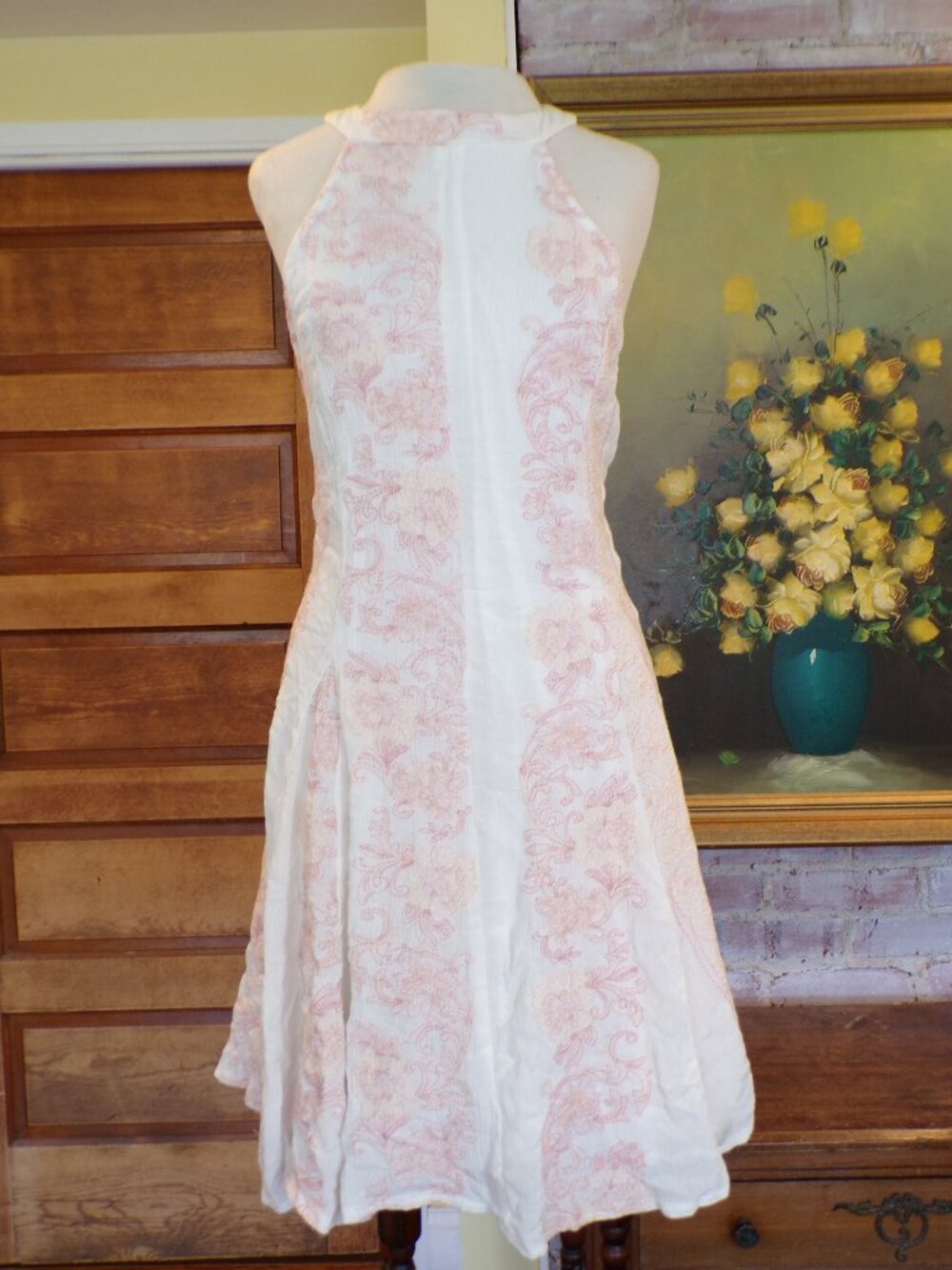 Chelsea & Violet Halter Dress Fit Flare Small Ivory Pink High Neck Dress Size XL